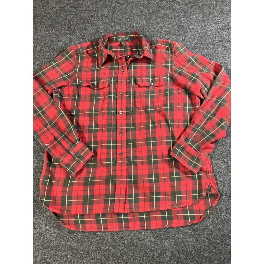 Ralph Lauren LRL Womens Large Red Black Gold Check Flannel Button Up Shirt L